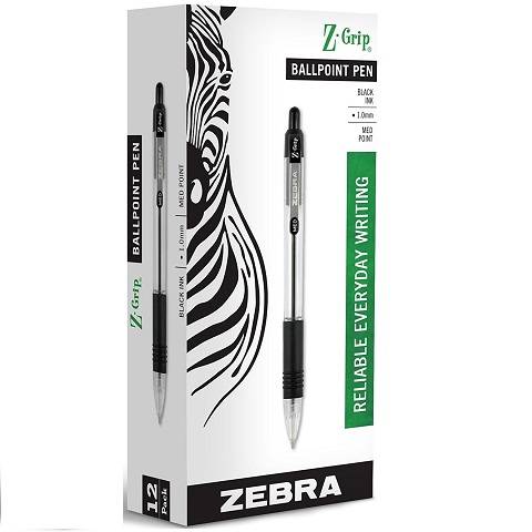 Zebra Z-Grip Retractable Ballpoint Pen, 1.0 mm, Black Ink, Clear Barrel, Box of 12 , 22210