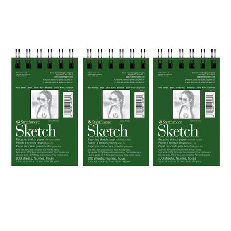 400 Series Sketch Pad, Recycled, Side Wire Binding, 100 Sheet, 3.5x5 inch, Pack of 3