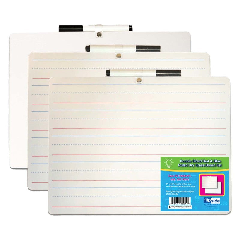 Two-Sided Primary Ruled/Blank Dry Erase Board with Attached Marker, 9" x 12", Pack of 3