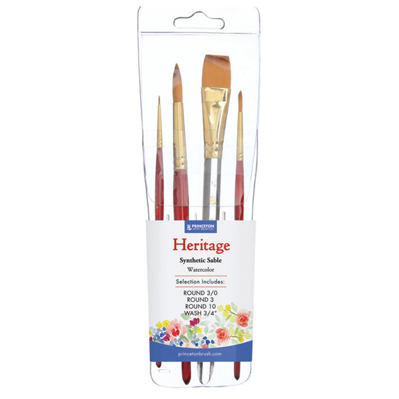 Heritage Brush Set, Synthetic Bristles, Short Handle Watercolor Paintbrush, Scarlet, 4 Pieces