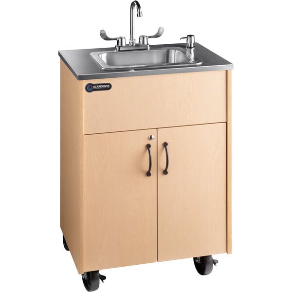 Premier 1D Maple Portable Hot Water Hand Sink with Laminate Cabinet and Single Deep Stainless Steel Basin