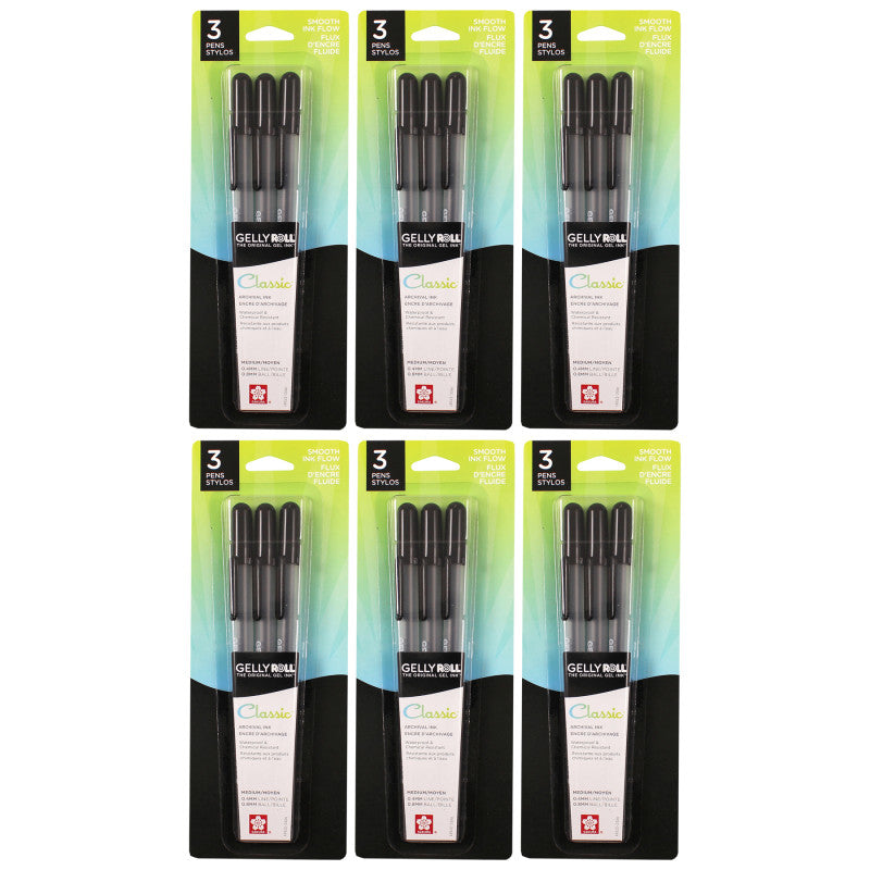 Gelly Roll Classic Gel Ink Pens, 08 Medium, Black, 3 Per Pack, 6 Packs