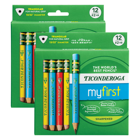 My First&reg; Short Wooden Pencils, Large Triangle Barrel, Sharpened, #2 HB Soft, With Eraser, Primary Colors, 12 Per Pack, 2 Packs