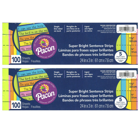 Sentence Strips, Assorted 5 Colors, 1-1/2" Ruled 3" x 24", 100 Strips Per Pack, 2 Packs