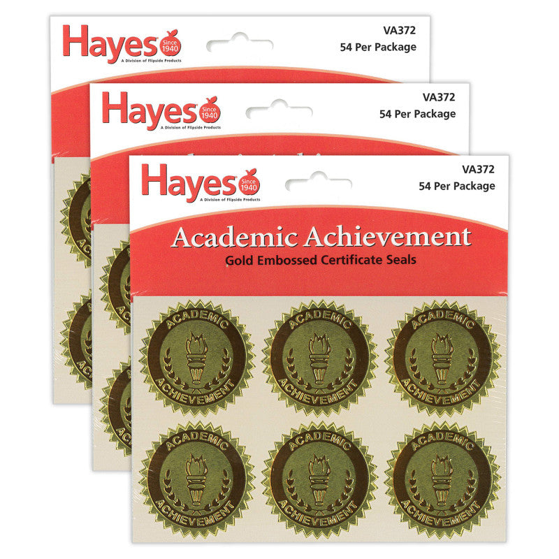 Gold Foil Embossed, Academic Achievement, Certificate Seals, 54 Per Pack, 3 Packs