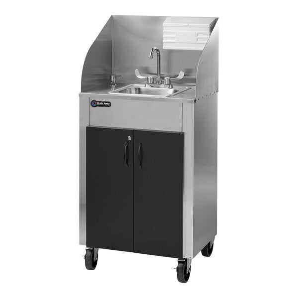 Elite Pro 1 Stainless Steel Portable Hot Water Hand Sink with Black Cabinets, Splashguard, and Towel Dispenser
