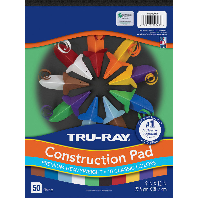 Construction Paper Pad, Assorted Colors, 9" x 12", 50 Sheets