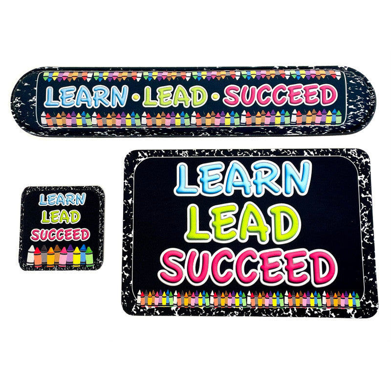 The Original Fun MatÂ® Computer Desk Mats, Set of 3, (1) Mouse Pad, (1) Keyboard Wrist Pad, (1) Coaster, Learn, Lead, Succeed, Crayon Composition
