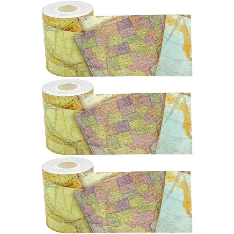 Travel the Map Straight Rolled Border Trim, 50 Feet Per Roll, Pack of 3