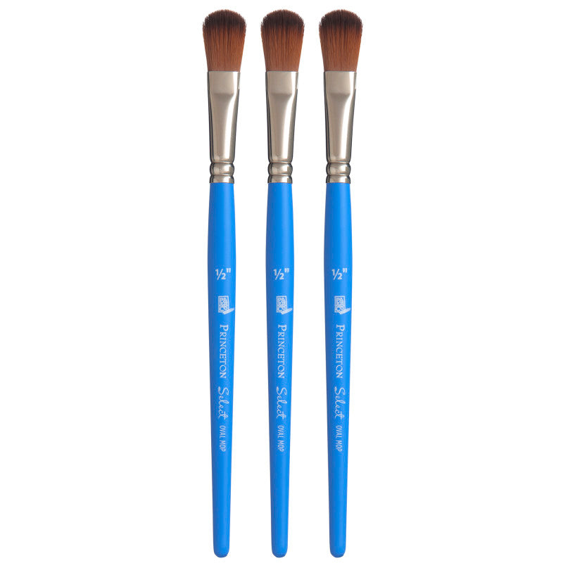 Select Artiste Oval Mop Brush, Synthetic Bristles, Short Handle Mixed Media Paintbrush, Jewel Blue, Size 1/2 inch, Pack of 3