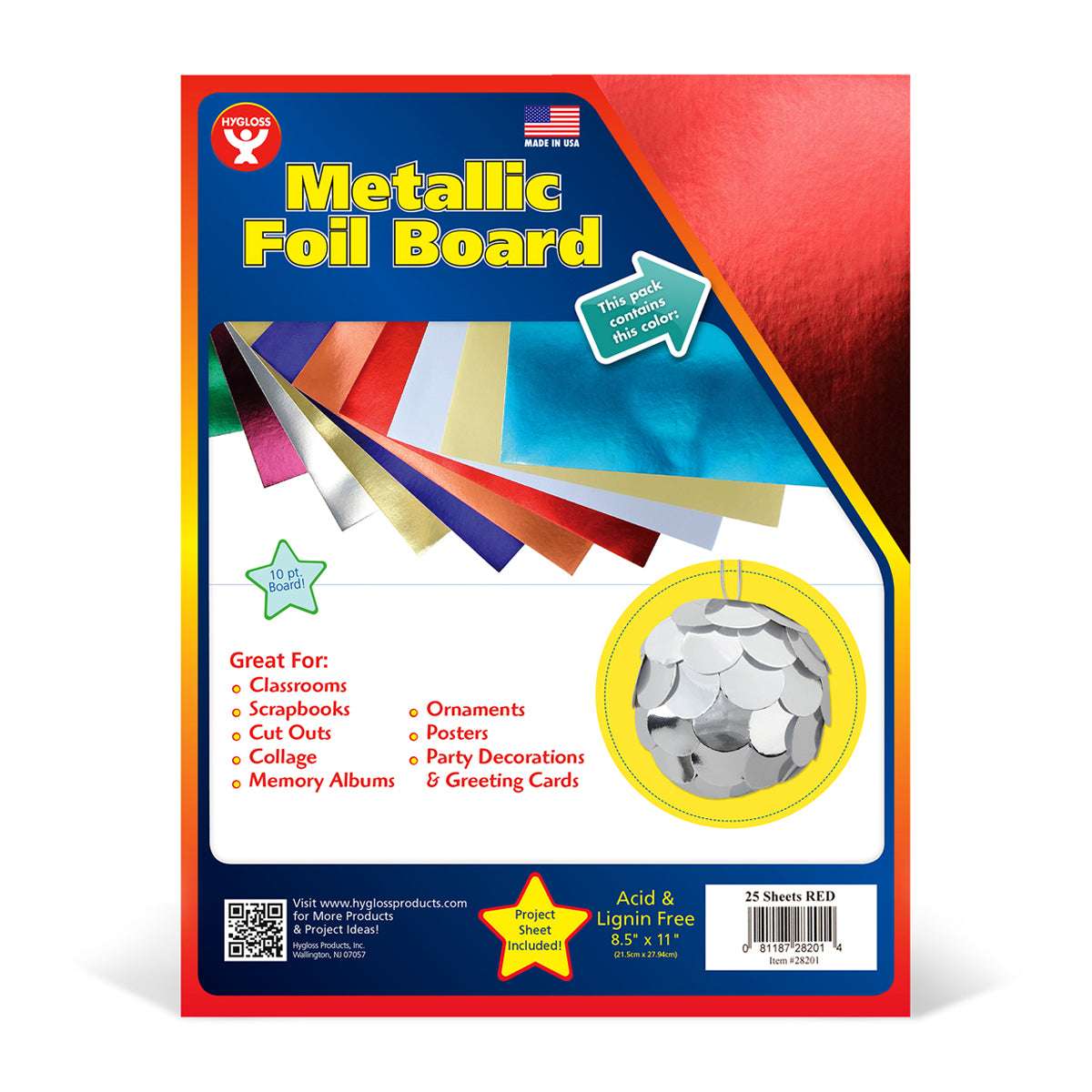 Hygloss Metallic Foil Board, 8-1/2 x 11 Inches 25 Sheets Red
