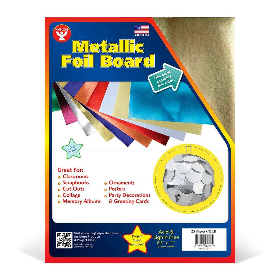 Hygloss Metallic Foil Board, 8-1/2 x 11 Inches 25 Sheets Gold