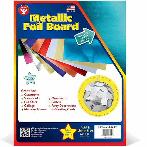 Hygloss Metallic Foil Board, 8-1/2 x 11 Inches 25 Sheets Light Blue