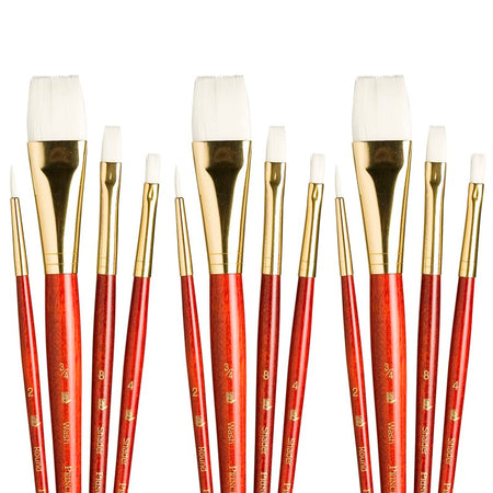 RealValue Brush Set, White Taklon Bristles, Short Handle Mixed Media Paintbrush, Red, 4 Per Set, 3 Sets