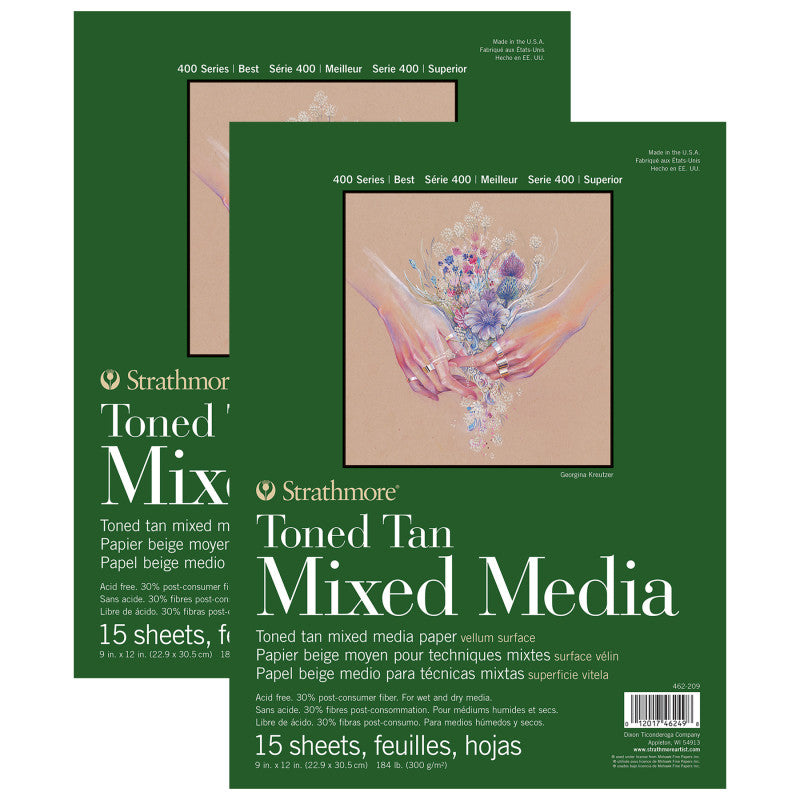 400 Series Mixed Media Pad, Toned Tan, Glue Binding, 15 Sheet, 9x12 inch, Pack of 2