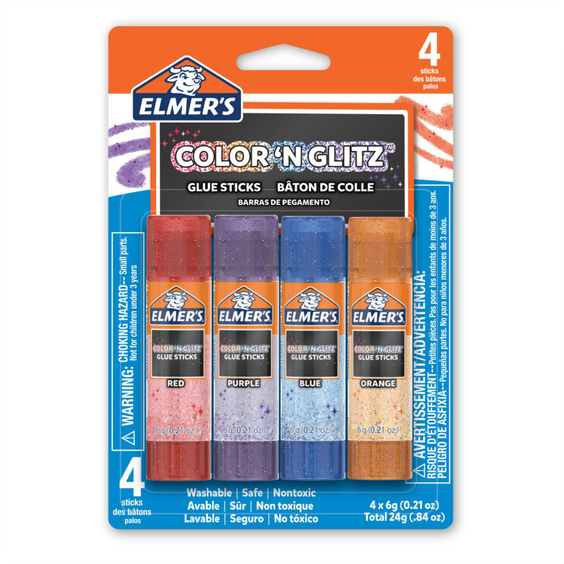 Color and Glitter Glue Sticks, Red, Orange, Blue and Purple, 4 Count