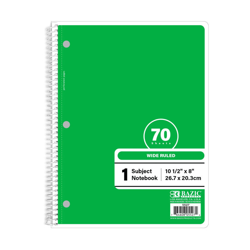 1-Subject Spiral Notebook, Wide Ruled, 70 Count, Green