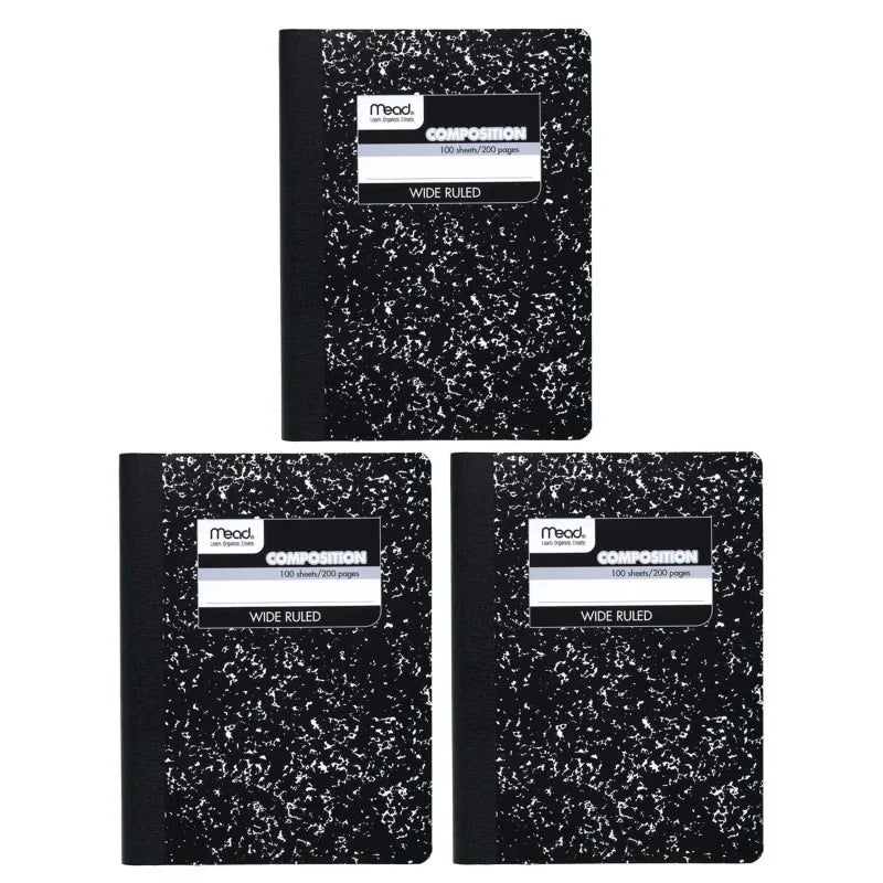 Composition Book, Wide Ruled, 100 Sheets, 9 3/4" x 7 1/2", Black Marble, Pack of 3