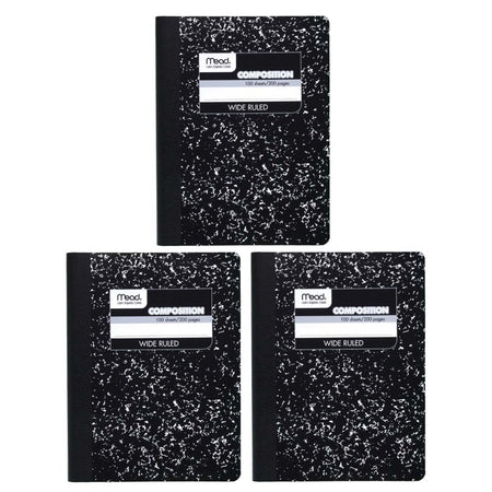 Composition Book, Wide Ruled, 100 Sheets, 9 3/4" x 7 1/2", Black Marble, Pack of 3