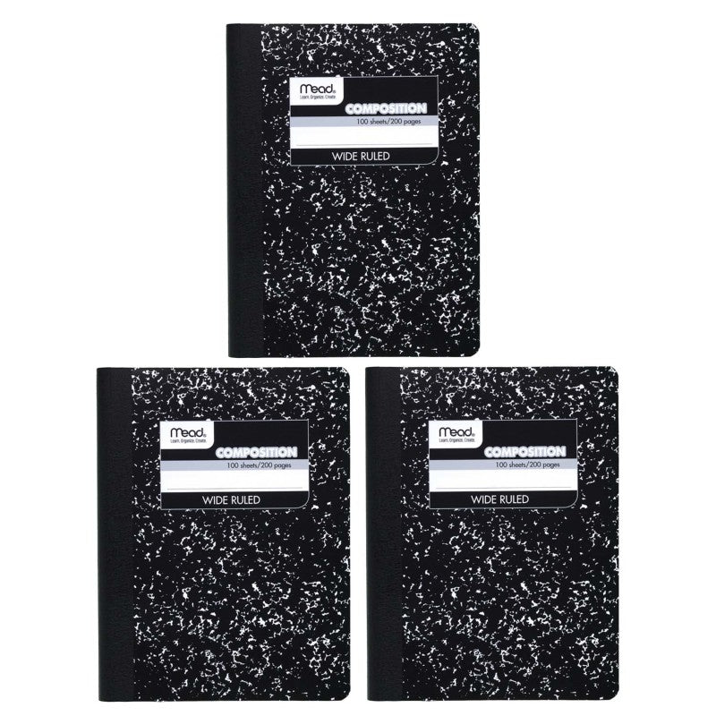 Composition Book, Wide Ruled, 100 Sheets, 9 3/4" x 7 1/2", Black Marble, Pack of 3