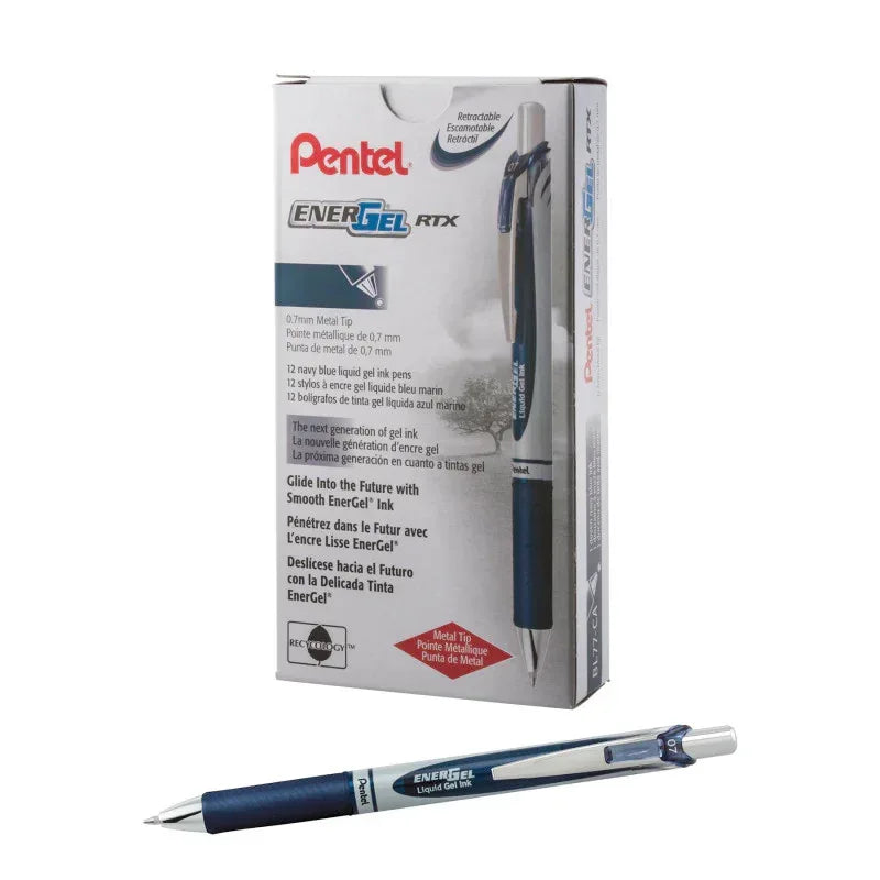 EnerGel RTX Retractable Liquid Gel Pen, (0.7mm) Metal Tip, Medium Line, Navy Blue Ink, 1 Dozen