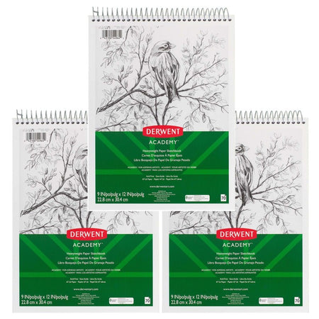 Derwent Academy&trade; Wirebound Sketchbook, 9" x 12", 70 Sheets, Pack of 3