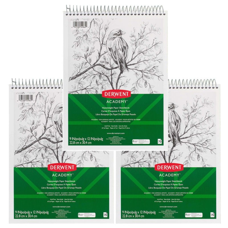 Derwent Academy&trade; Wirebound Sketchbook, 9" x 12", 70 Sheets, Pack of 3
