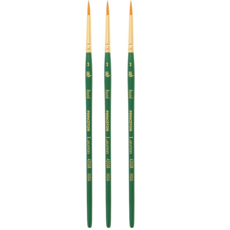 Lauren Round Brush, Synthetic Bristles, Short Handle Watercolor Paintbrush, Evergreen, Size 2, Pack of 3