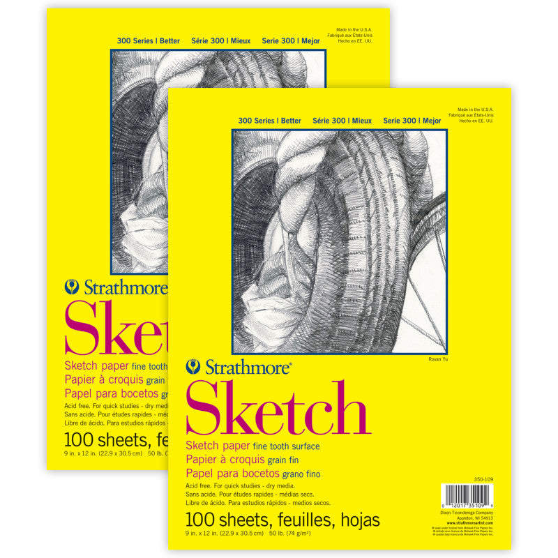 300 Series Sketch Pad, Glue Binding, 100 Sheets, 9x12 inch, Pack of 2