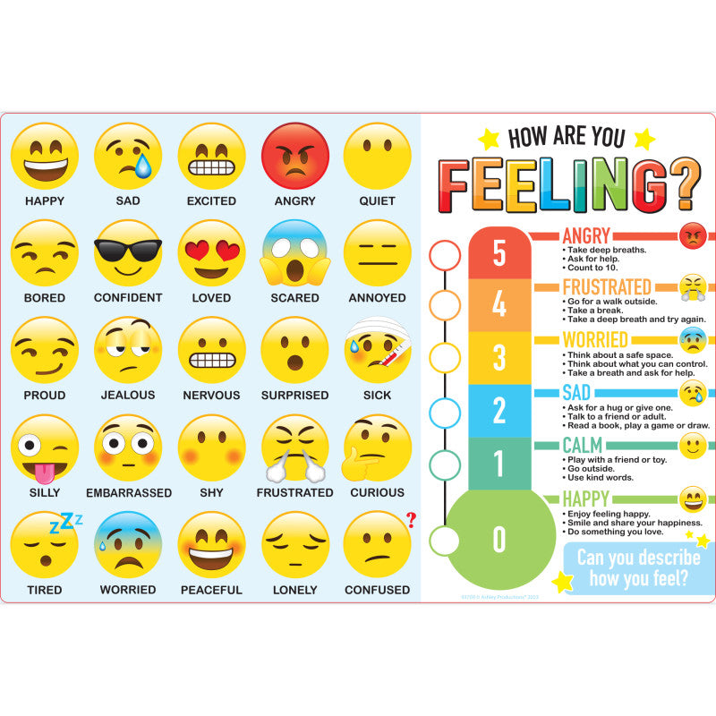 Placemat Studio&trade; Smart Poly&reg; How Are You Feeling Learning Placemat, 13" x 19", Single Sided, Pack of 10