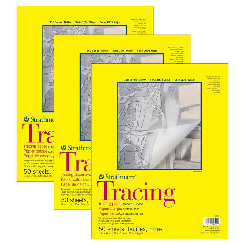300 Series Tracing Pad, Tape Binding, 50 Sheet, 11x14 inch, Pack of 3