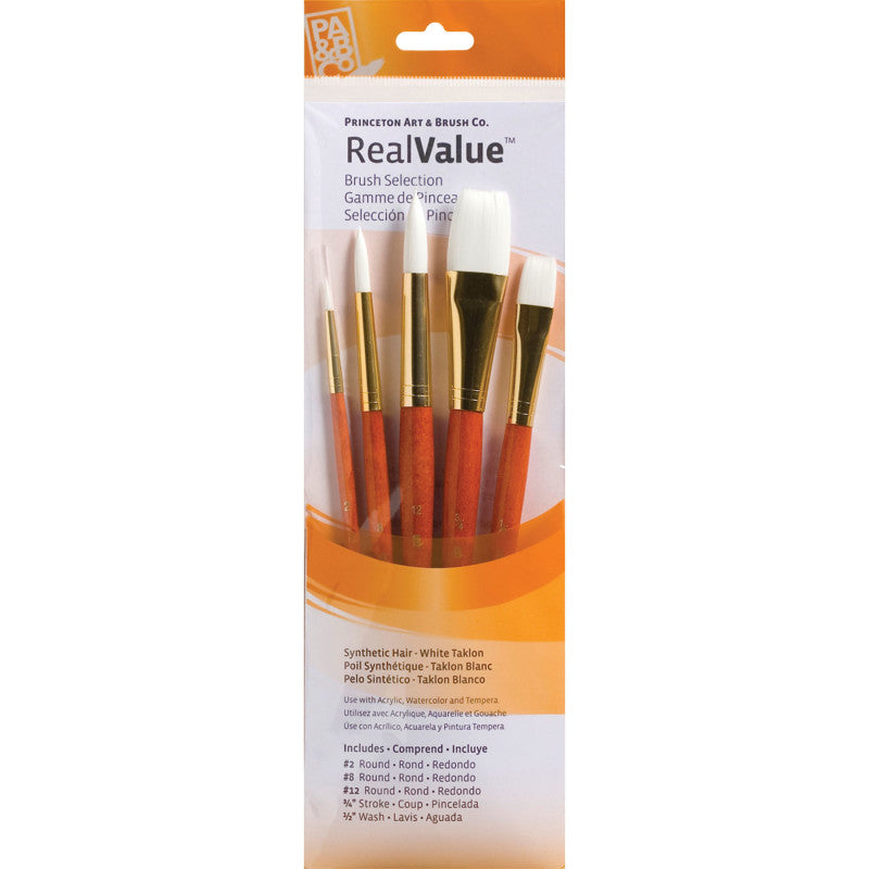 RealValue Brush Set, White Taklon Bristles, Short Handle Mixed Media Paintbrush, Orange, 5 Pieces