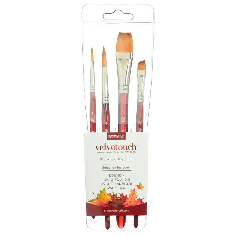 Velvetouch Mixed Media Brush Set, Synthetic Bristles, Short Handle Mixed Media Paintbrush, Scarlet, 4 Pieces