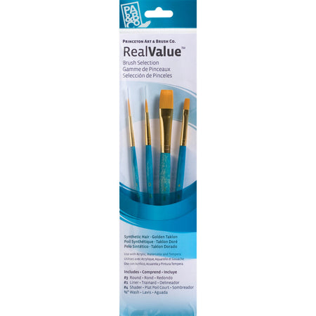 RealValue Brush Set, Gold Taklon Bristles, Short Handle Mixed Media Paintbrush, Blue, 4 Pieces
