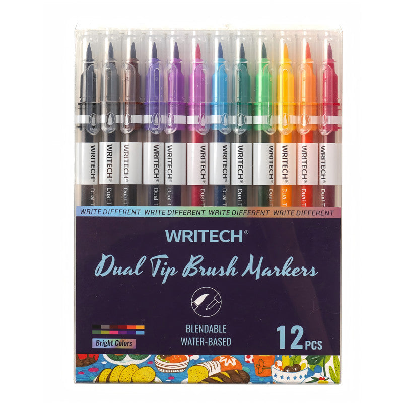 Dual Tip Brush Pens, Assorted Colors, 12 Count