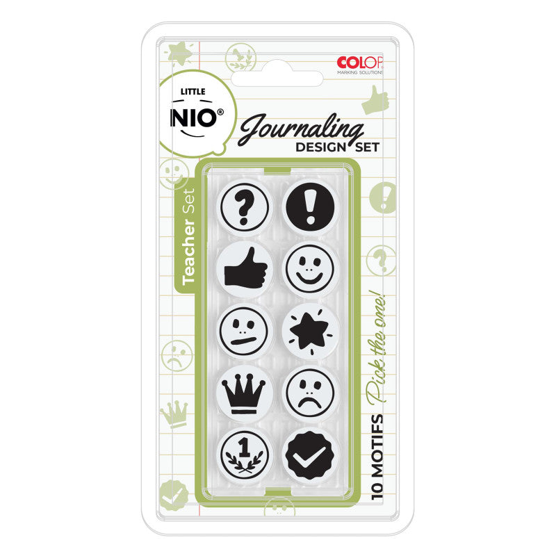 Little NIO Teacher Journaling Stamp Set, 10 Interchangeable Designs, 17 mm Round Imprint