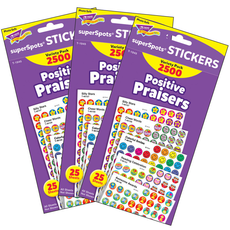 Positive Praisers superSpots&reg; Stickers Variety Pack, 2500 Per Pack, 3 Packs