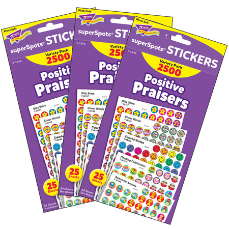 Positive Praisers superSpots&reg; Stickers Variety Pack, 2500 Per Pack, 3 Packs