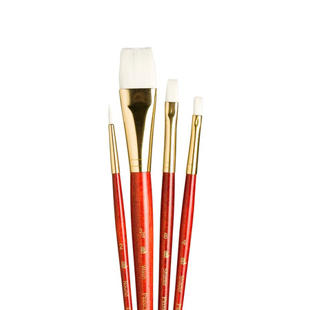 RealValue Brush Set, White Taklon Bristles, Short Handle Mixed Media Paintbrush, Red, 4 Pieces