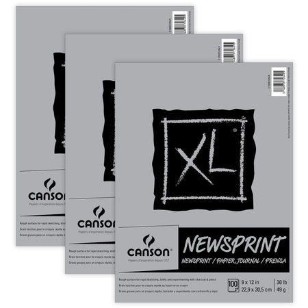 XL Series Newsprint Pad, Tape Binding, 100 Sheet, 9x12 inch, Pack of 3
