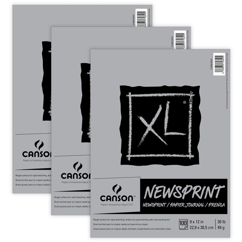 XL Series Newsprint Pad, Tape Binding, 100 Sheet, 9x12 inch, Pack of 3