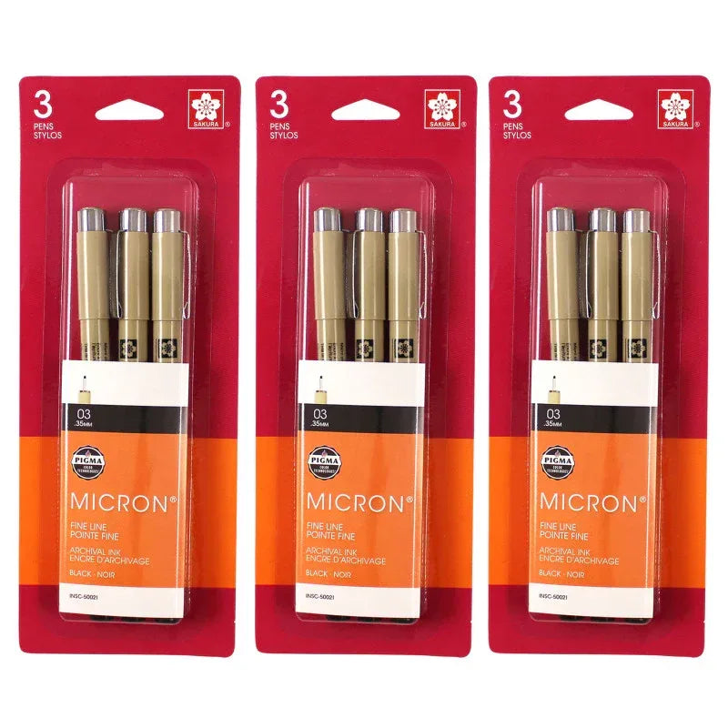 Pigma Micron Pens, Size 03 Fine Point, Black, 3 Per Set, 3 Sets