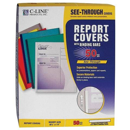 C-Line Report Covers with Binding Bars, Clear Plastic, White Bars, 8.5 x 11 Inches, 50 per Box , 32457