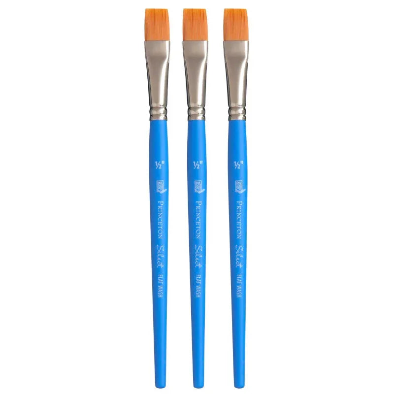 Select Artiste Flat Wash Brush, Synthetic Bristles, Short Handle Mixed Media Paintbrush, Jewel Blue, Size 1/2 inch, Pack of 3