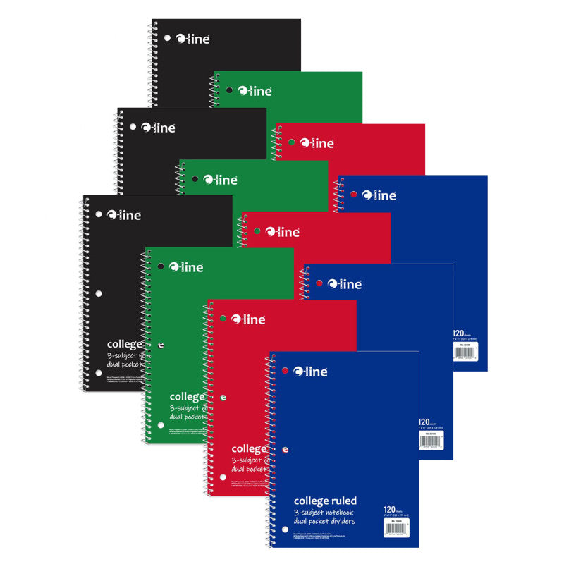 3-Subject Notebooks, College Ruled, 120 Sheets, 9â x 11â, Assorted Primary Colors, Pack of 12
