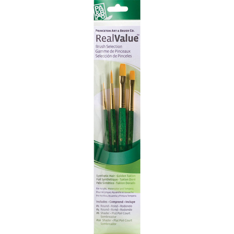 RealValue Brush Set, Gold Taklon Bristles, Short Handle Mixed Media Paintbrush, Green, 4 Pieces