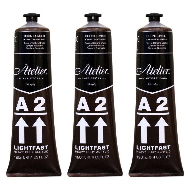 A2 Heavy Body Lightfast Artist Acrylic, 4 oz., Burnt Umber, Pack of 3