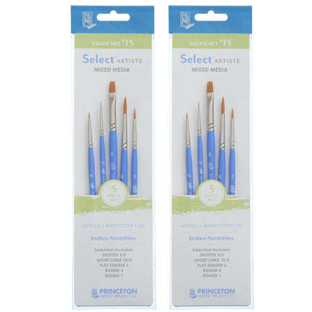 Select Artiste Brush Set No. 15, Synthetic Bristles, Short Handle Mixed Media Paintbrush, Jewel Blue, 5 Per Set, 2 Sets