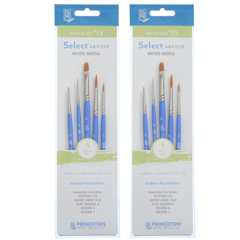 Select Artiste Brush Set No. 15, Synthetic Bristles, Short Handle Mixed Media Paintbrush, Jewel Blue, 5 Per Set, 2 Sets