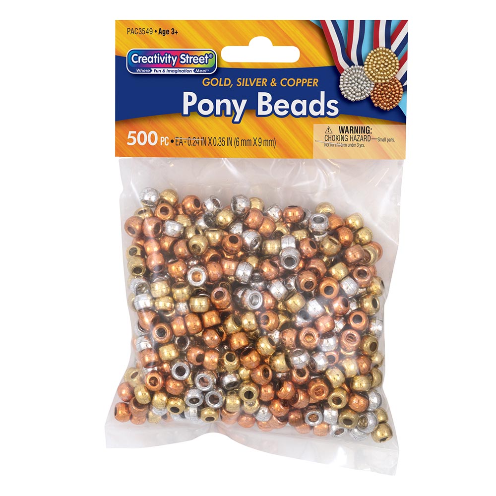 Metallic Pony Beads 6 MM X 9 MM GOLD, SILVER & COPPER 500 COUNT